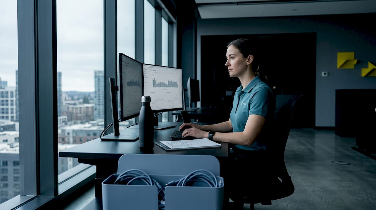 Technician reviewing energy charts in office