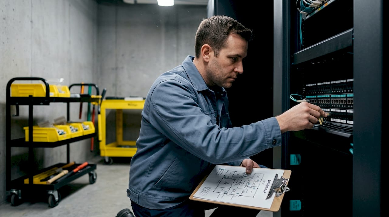 Engineer installing low voltage sensor wiring