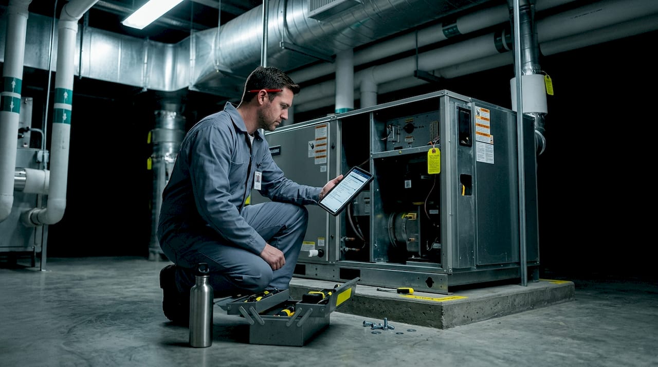 Technician checking HVAC with tablet in building