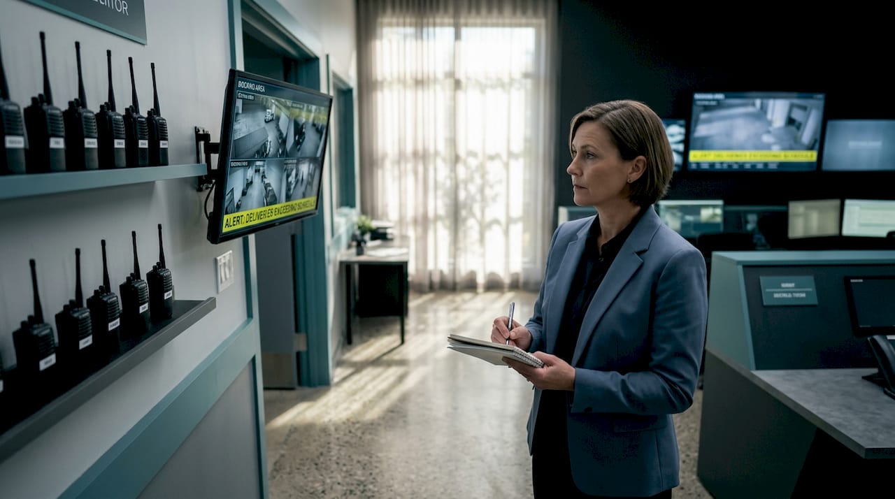 Facility manager reviewing building security monitors