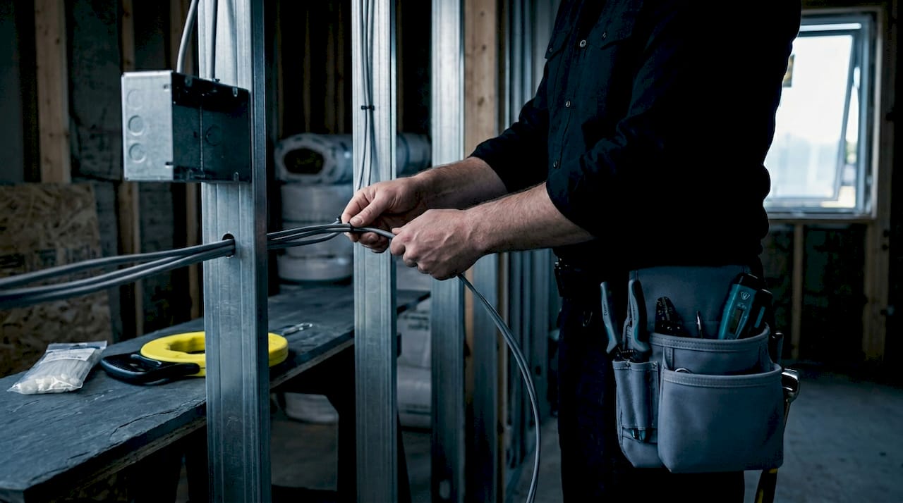 Electrician installing low voltage wiring in home frame