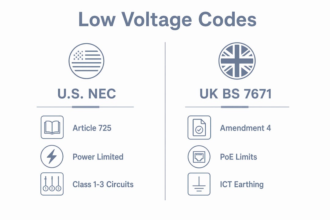 Infographic comparing US NEC and UK BS 7671 low voltage codes