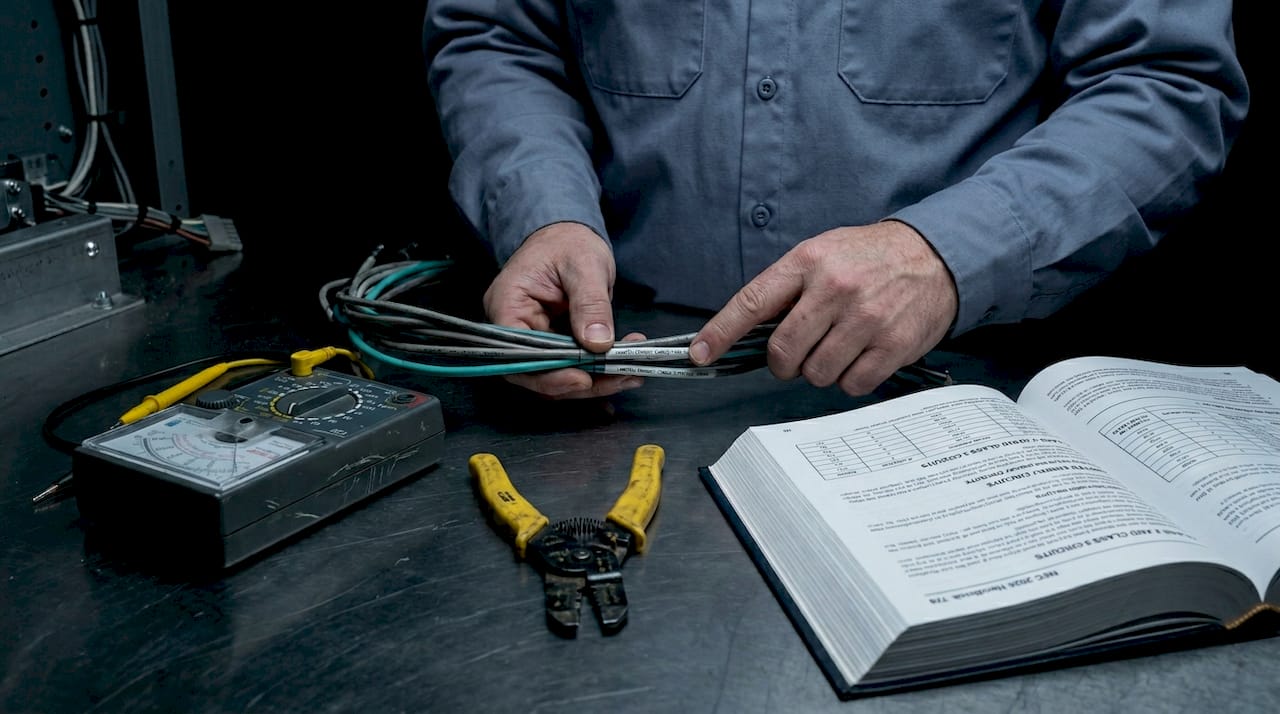 Hands inspecting limited energy cables in workshop