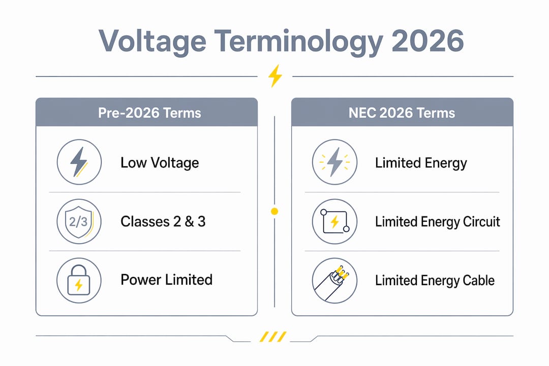Infographic comparing pre-2026 and NEC 2026 voltage terms