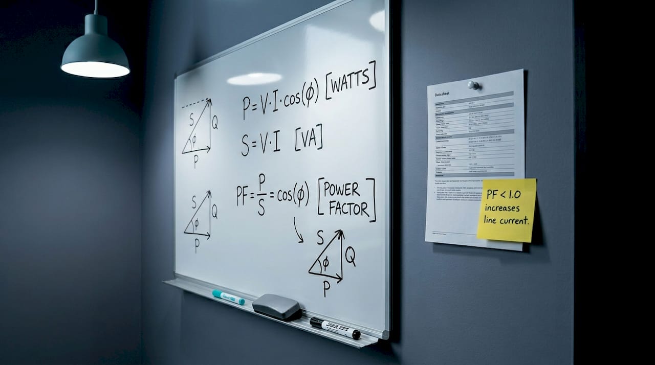 Whiteboard with watts, VA, and power factor formulas