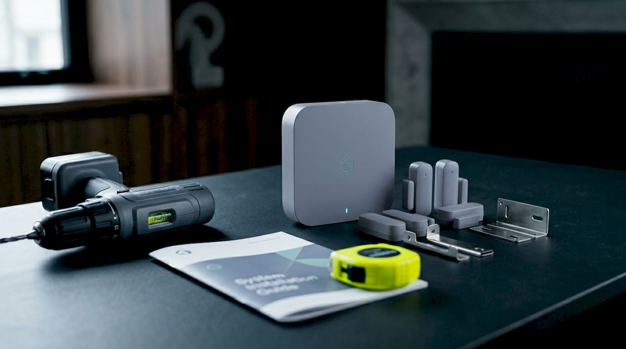 Security system tools and components on desk
