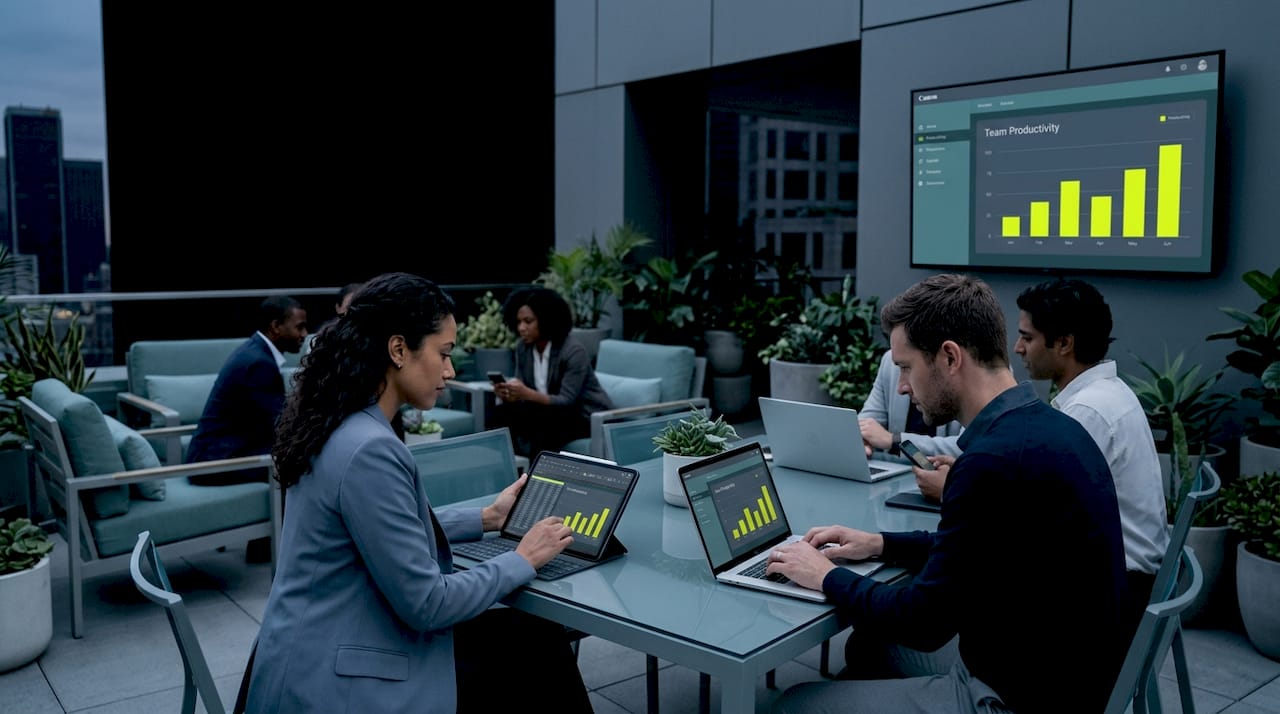 Team collaborating wirelessly in open office