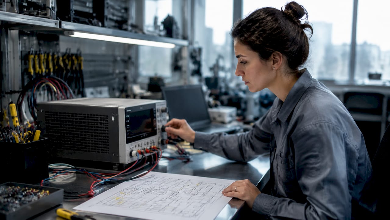Hands adjusting industrial power supply unit controls