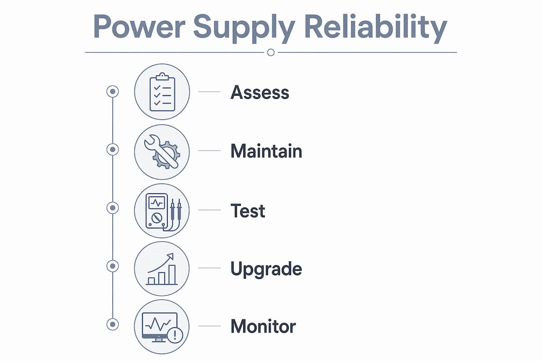 Infographic illustrating steps for power supply reliability