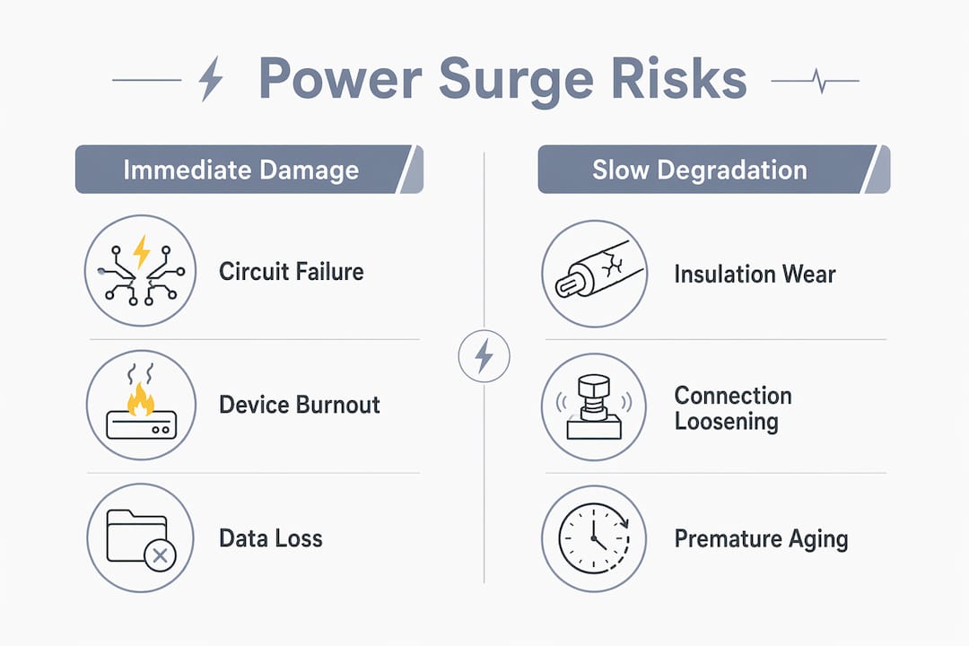 Infographic showing immediate and slow power surge risks