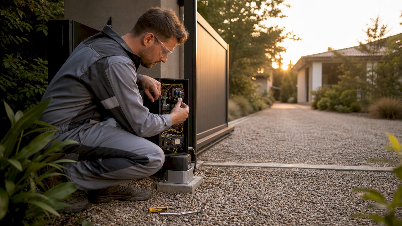 Technician replacing motorized gate fuse outdoors