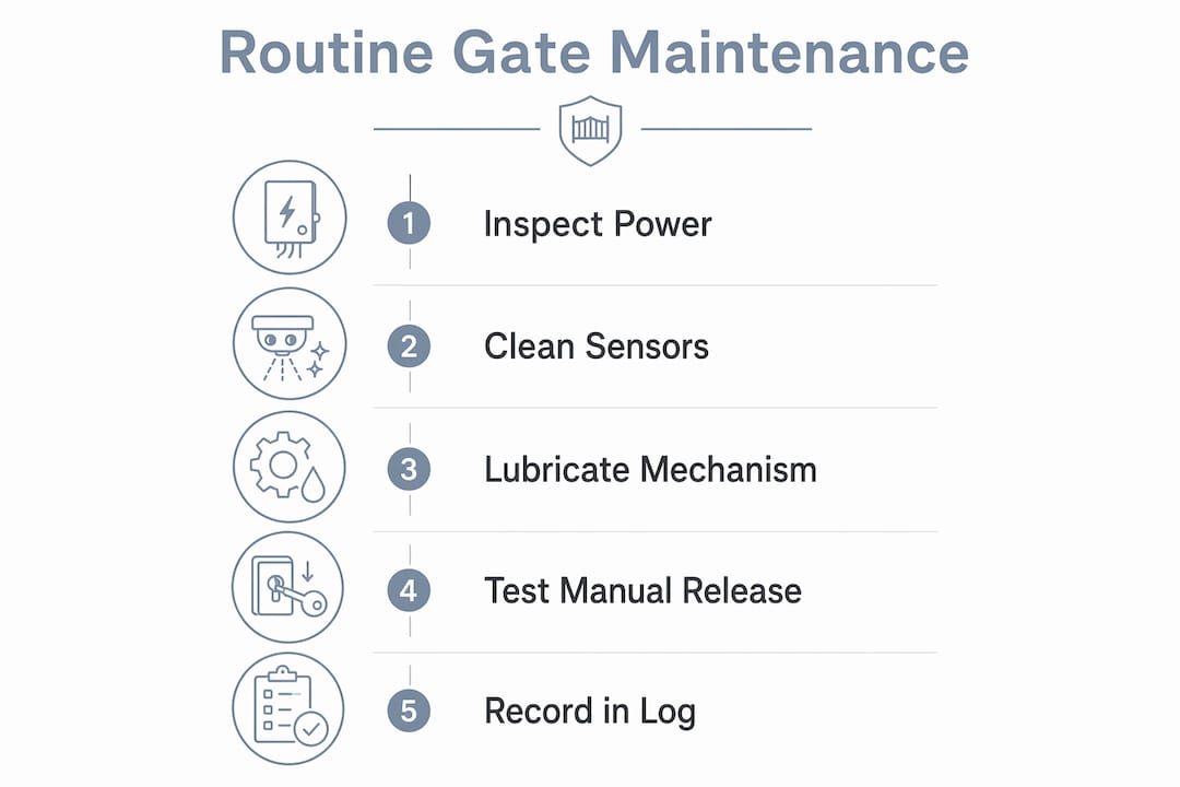 Infographic showing routine motorized gate maintenance steps