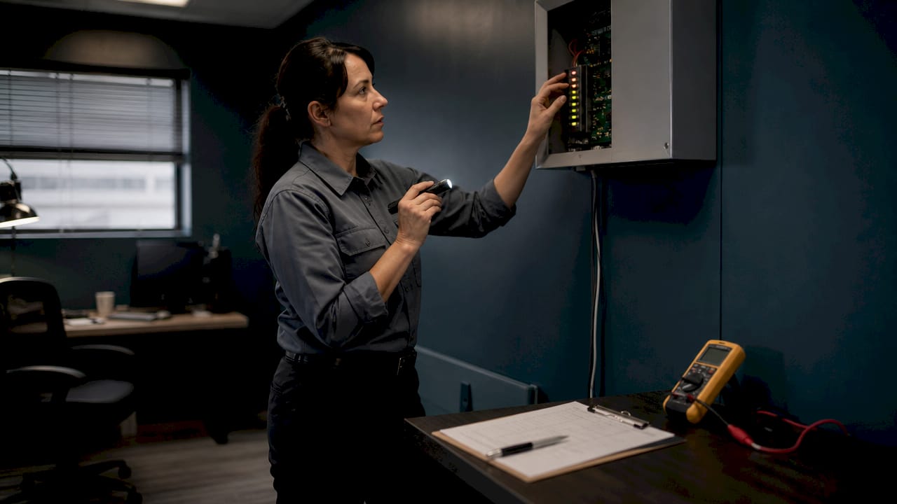 Hands inspecting alarm panel indicator lights