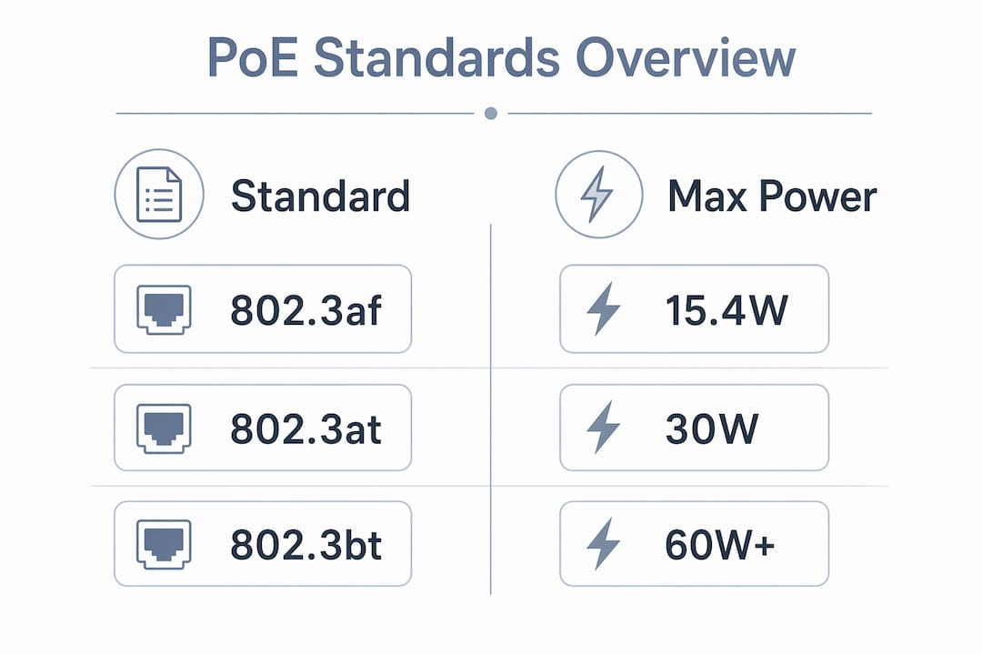 Infographic comparing PoE IEEE standards and power levels