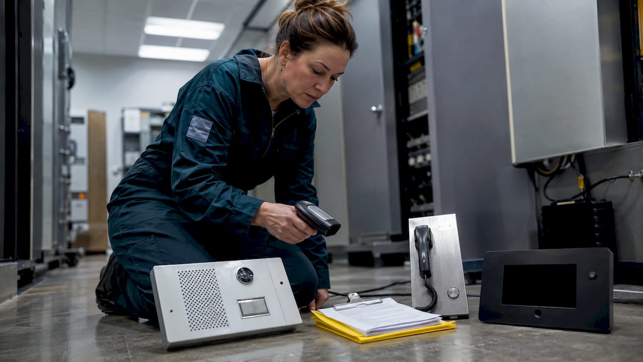 Technician scanning communication devices for inventory