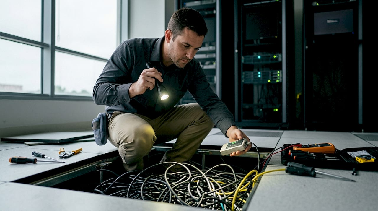 Technician tracing unstructured network cables beneath floor