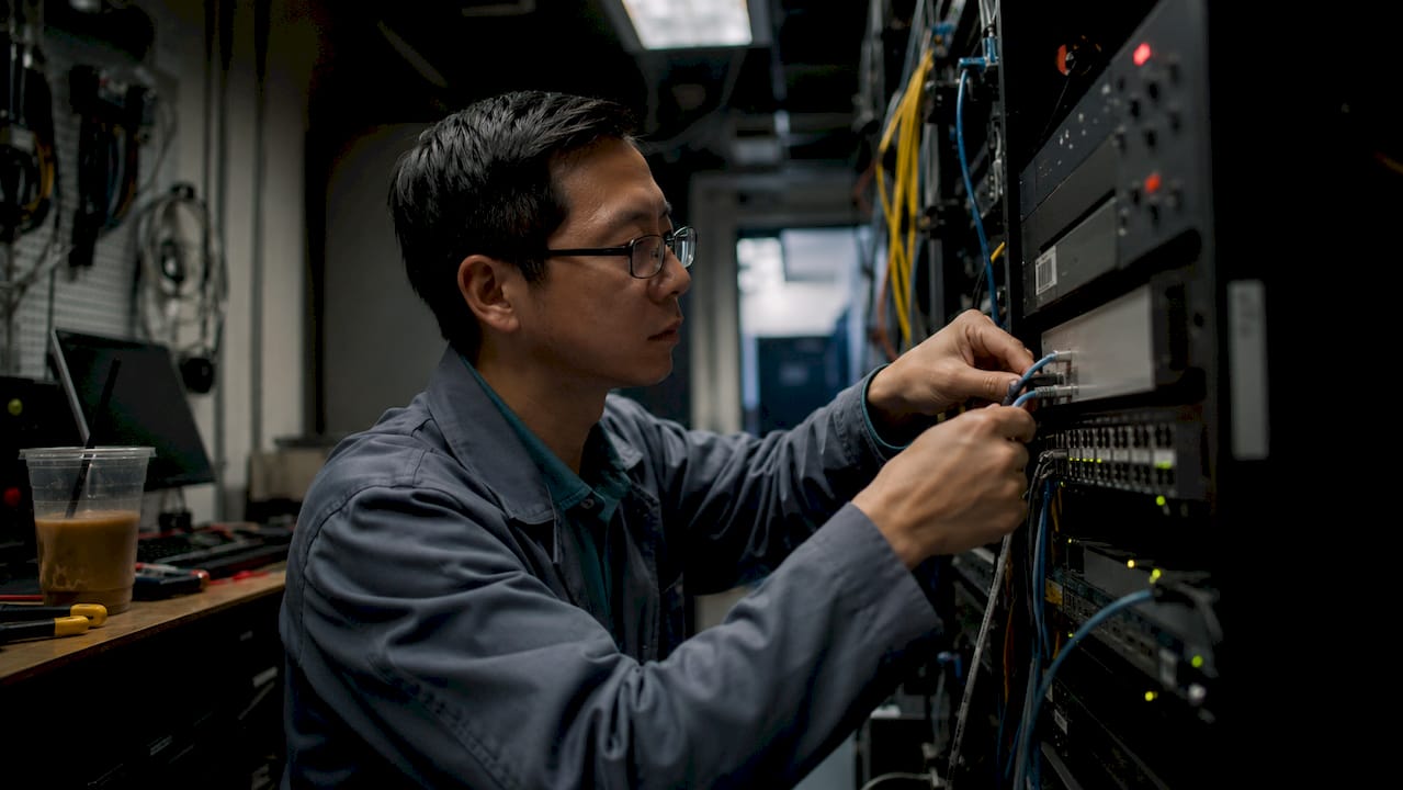 Technician connecting emergency notification system cables