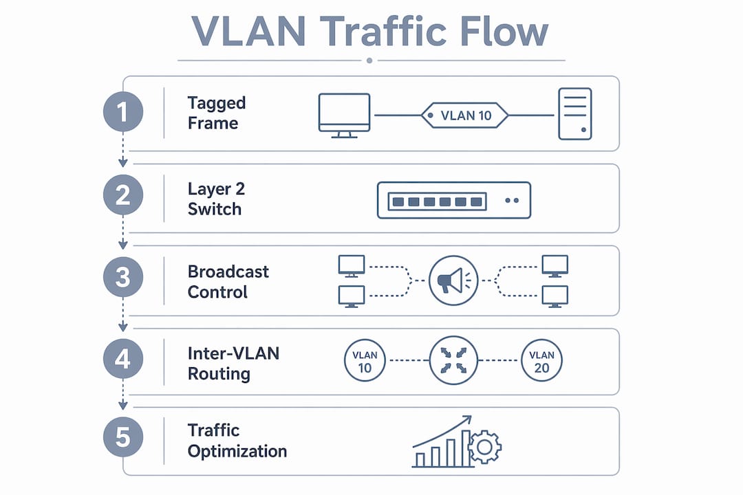 Infographic illustrating VLAN traffic management steps