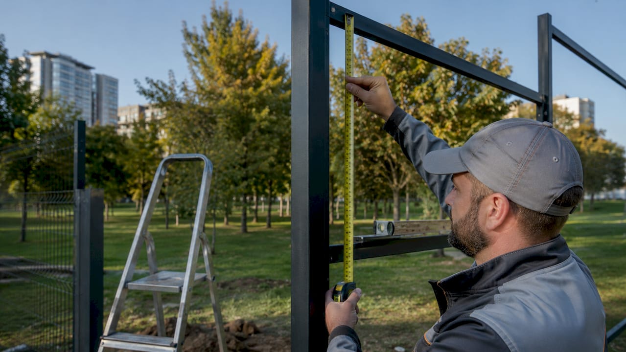 Hands measuring gate width at installation site