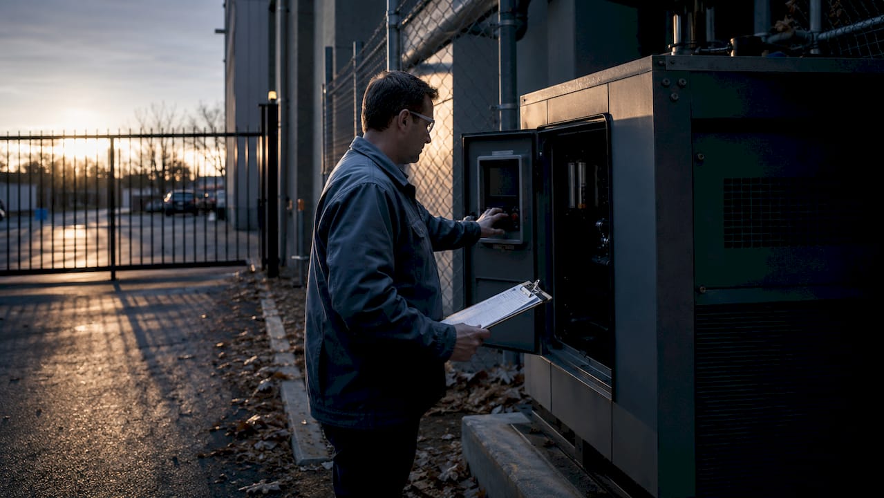 Facility manager inspecting fuel generator outdoors