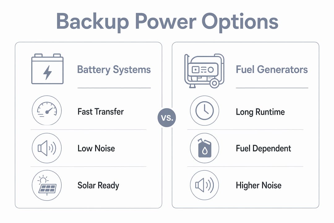 Infographic comparing battery backup systems and fuel generators