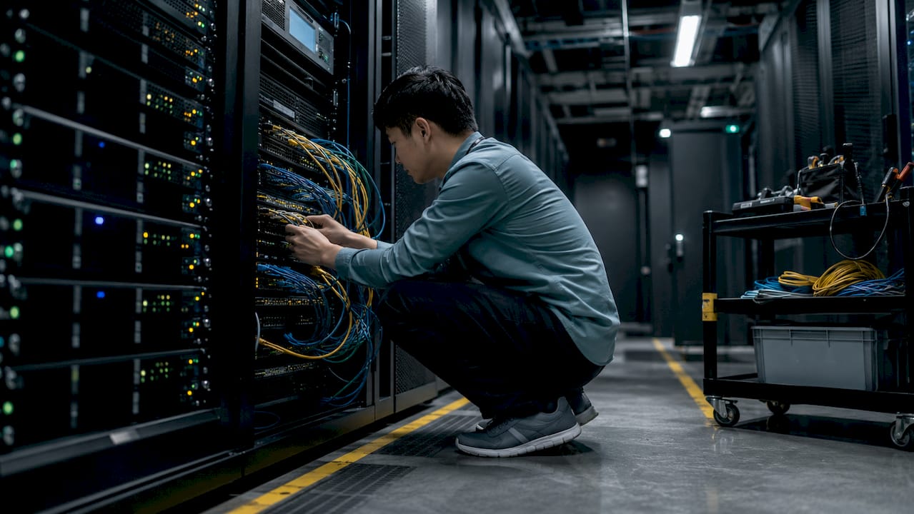 Technician connecting cables to network switch rack
