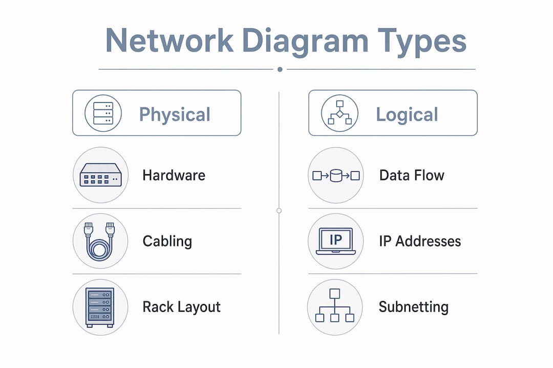 Infographic comparing physical and logical network diagrams