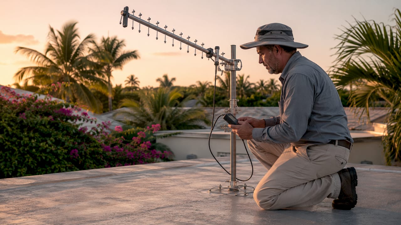 Rooftop technician aligns directional antenna with meter