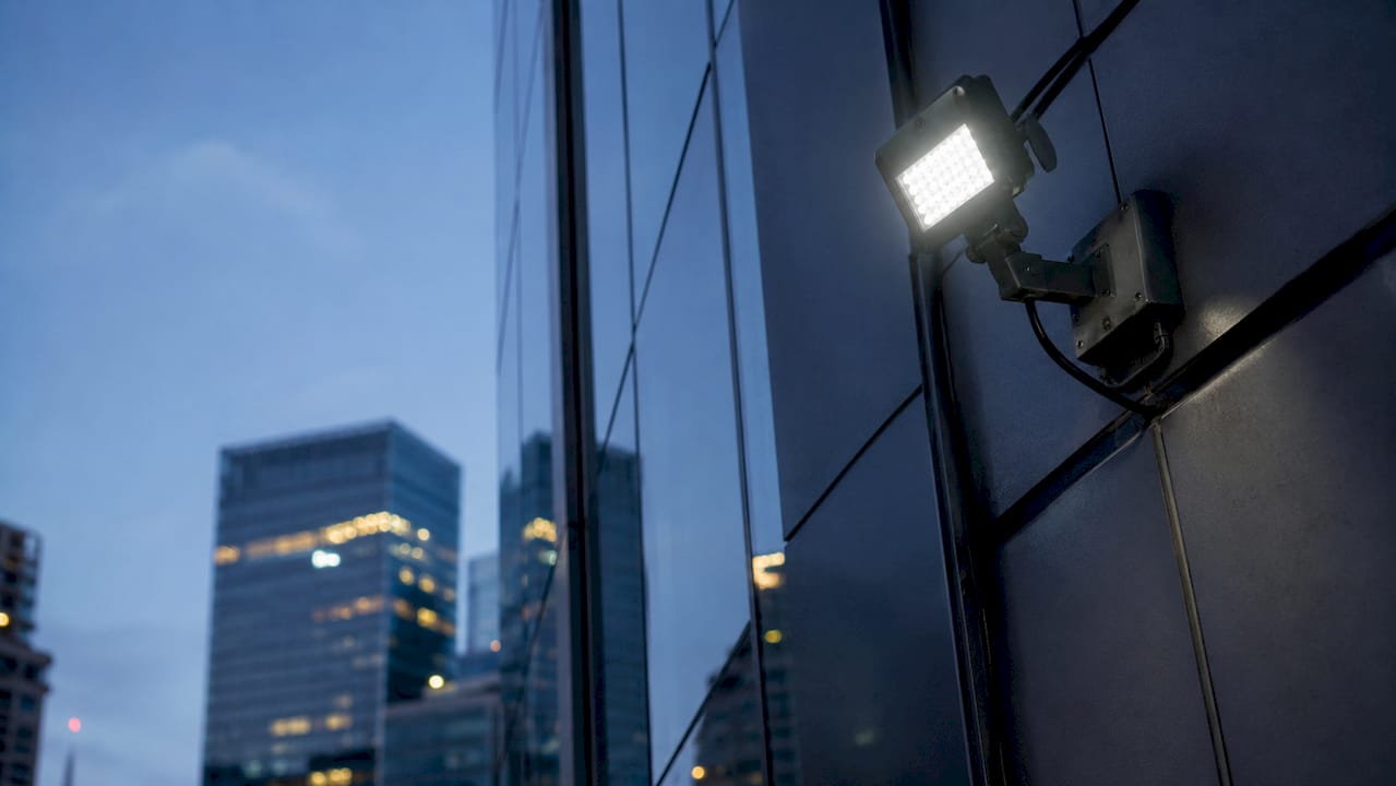 Side view of angled surveillance light near camera