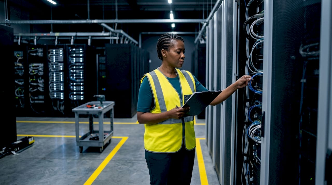 Technician inspecting network zone in warehouse