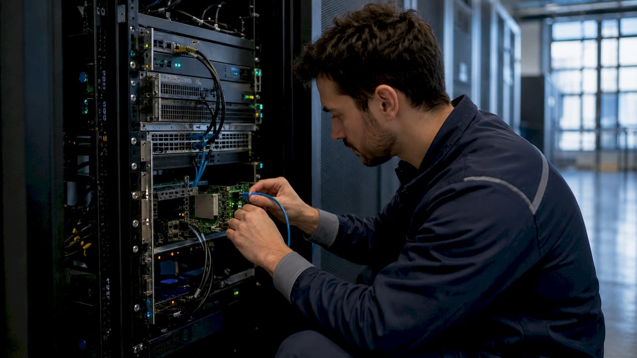 Technician plugging Ethernet cable into server