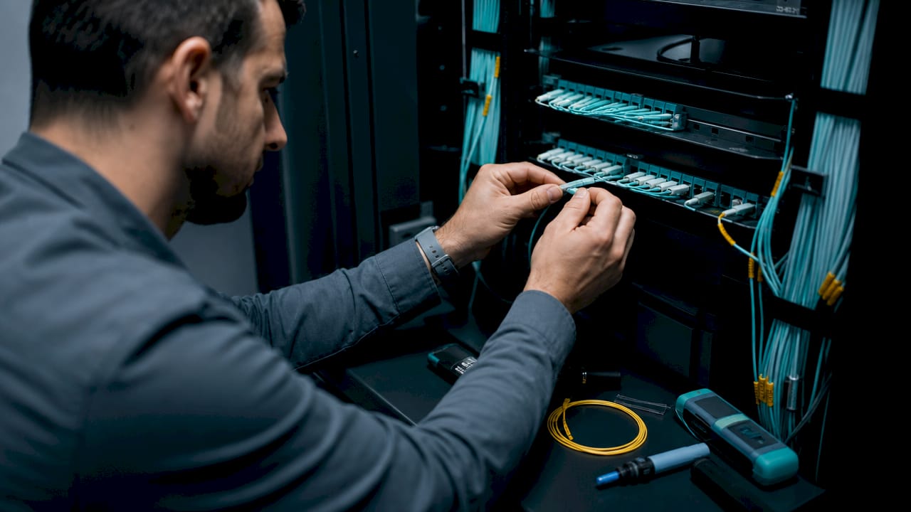 Hands installing fiber optic cable in network closet