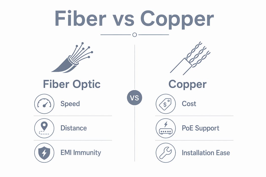 Infographic comparing fiber optic and copper cable features