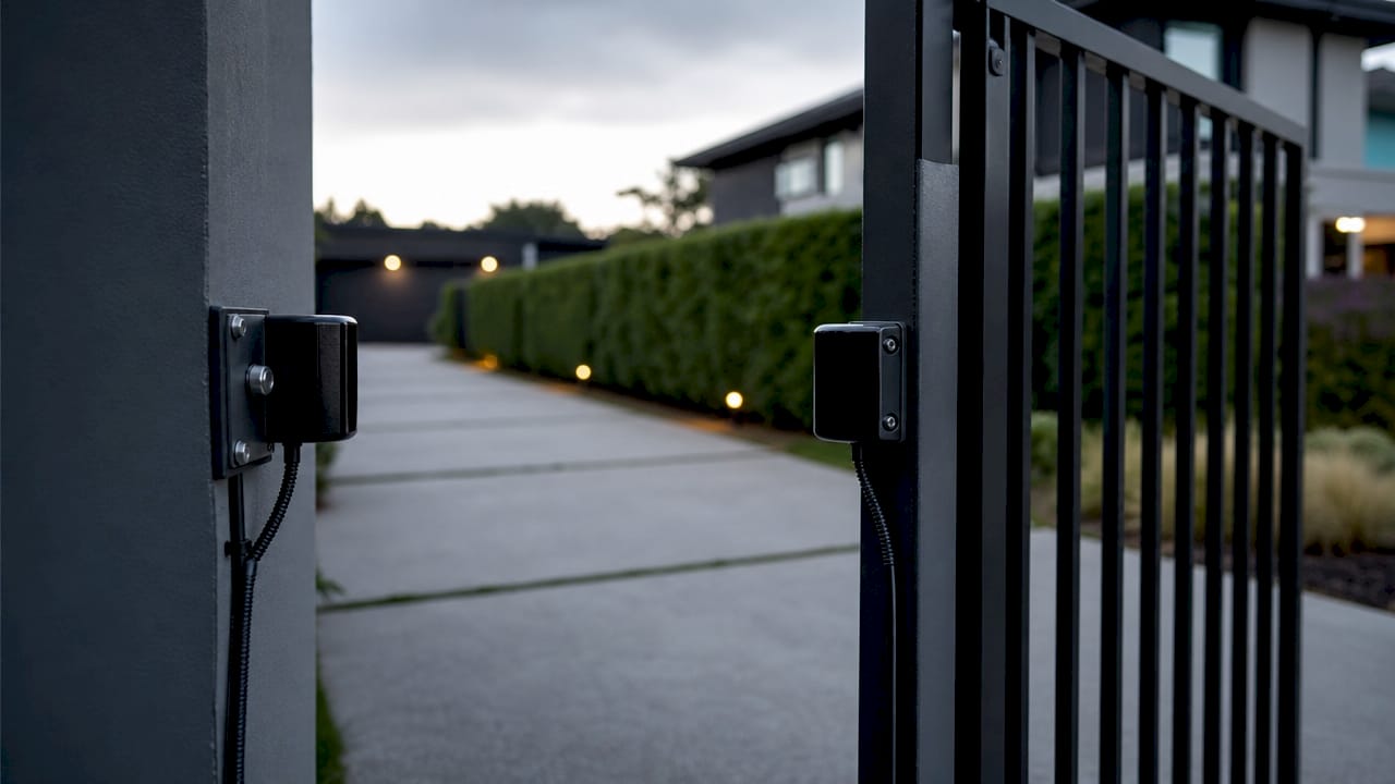 Close-up of photoelectric gate sensors installed on driveway gate