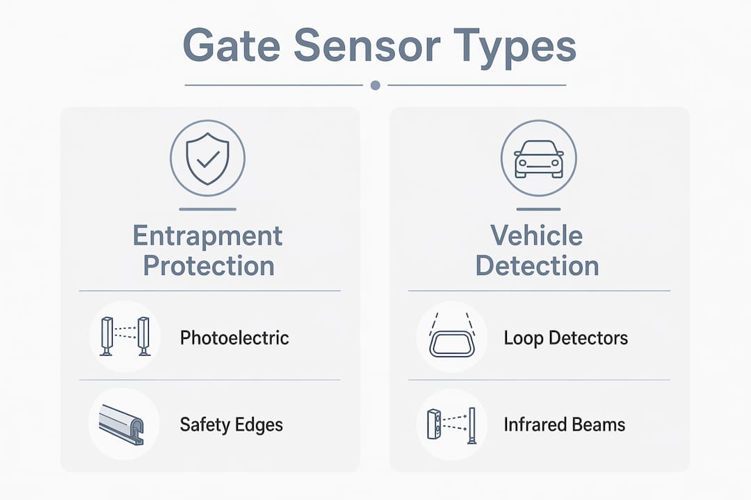 Infographic comparing gate sensor types with categories and examples