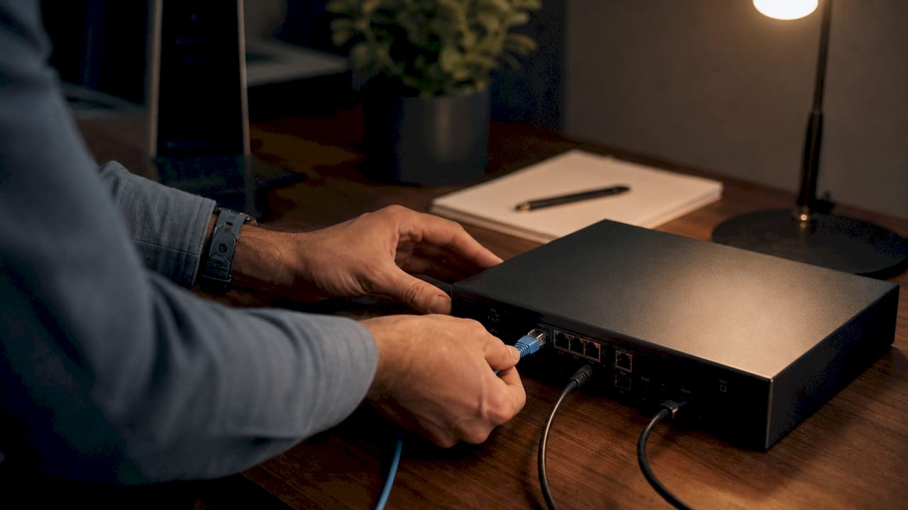 Hands connecting Ethernet cable to security control panel