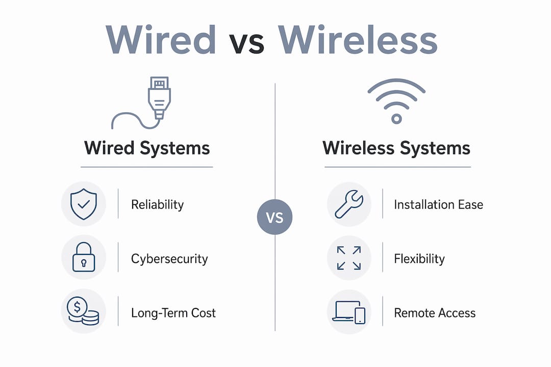 Infographic comparing benefits of wired and wireless systems