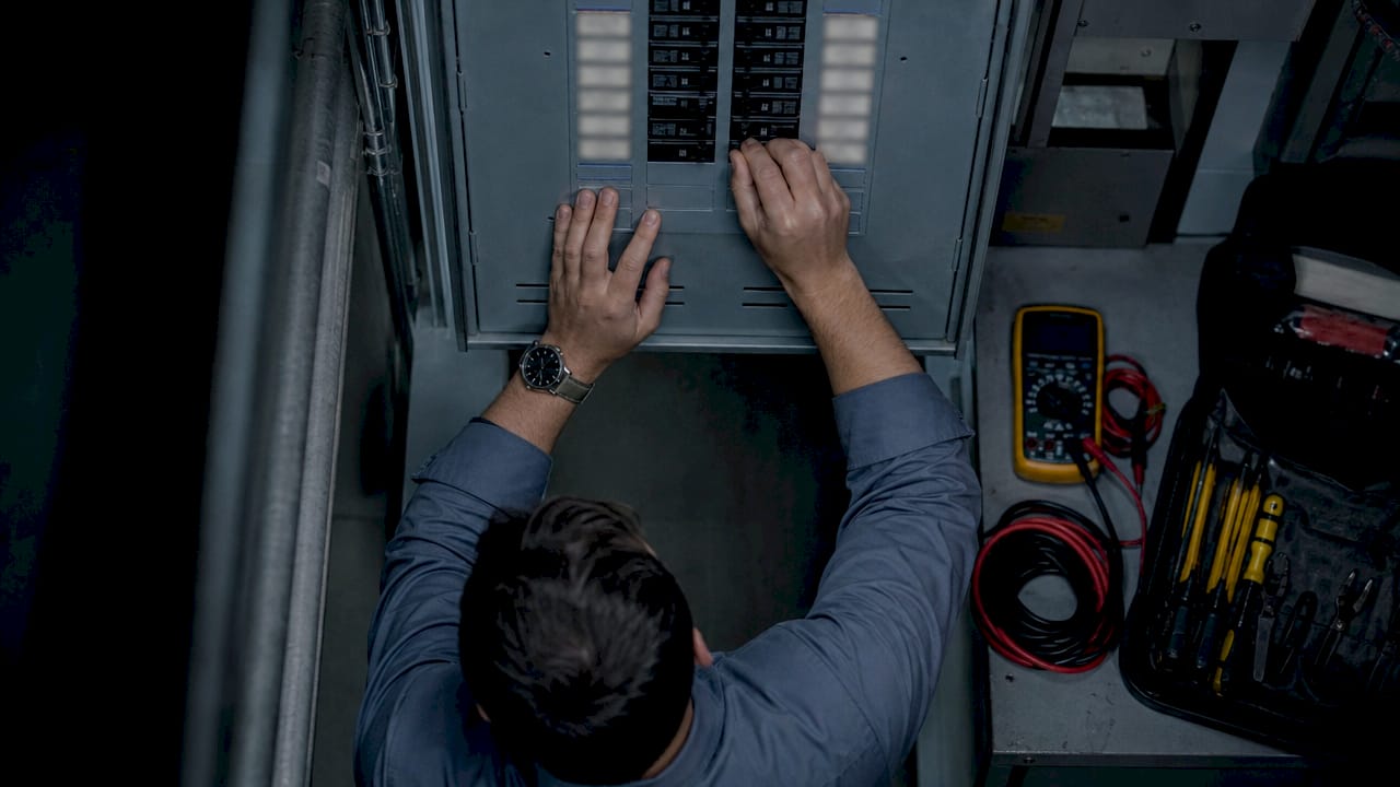 Technician inspecting electrical equipment panel