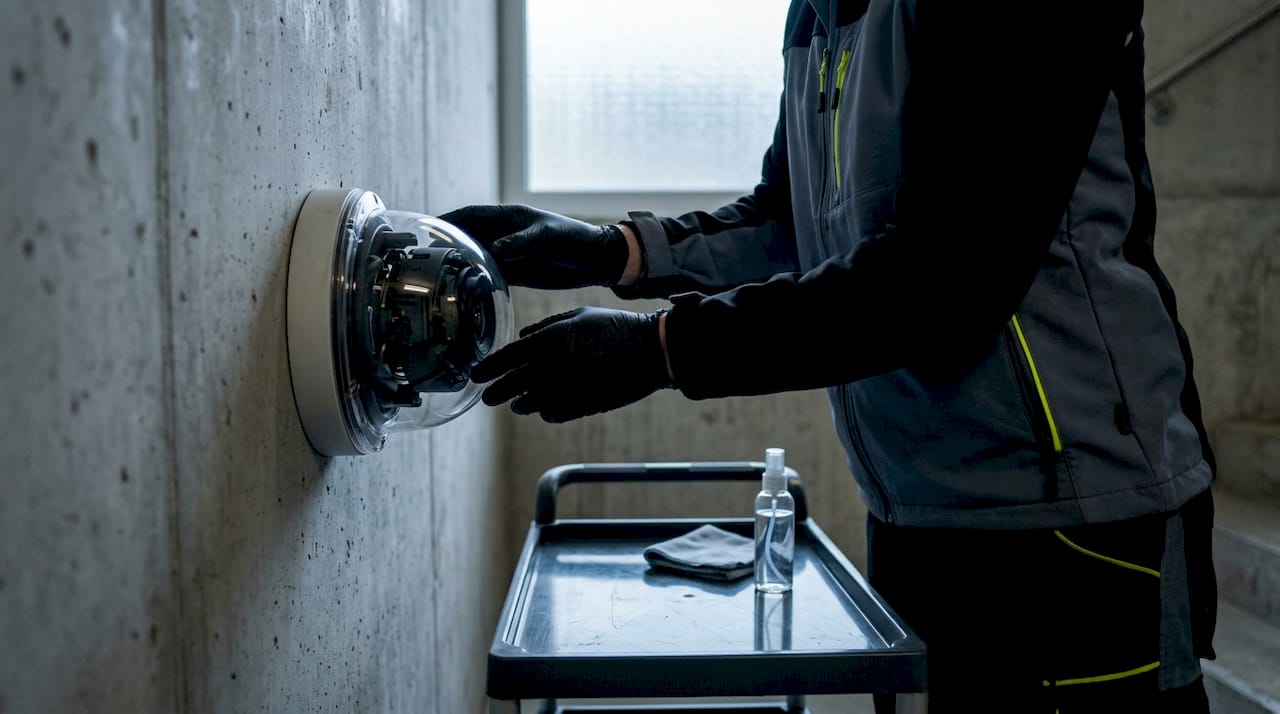 Technician cleaning dome camera lens outdoors