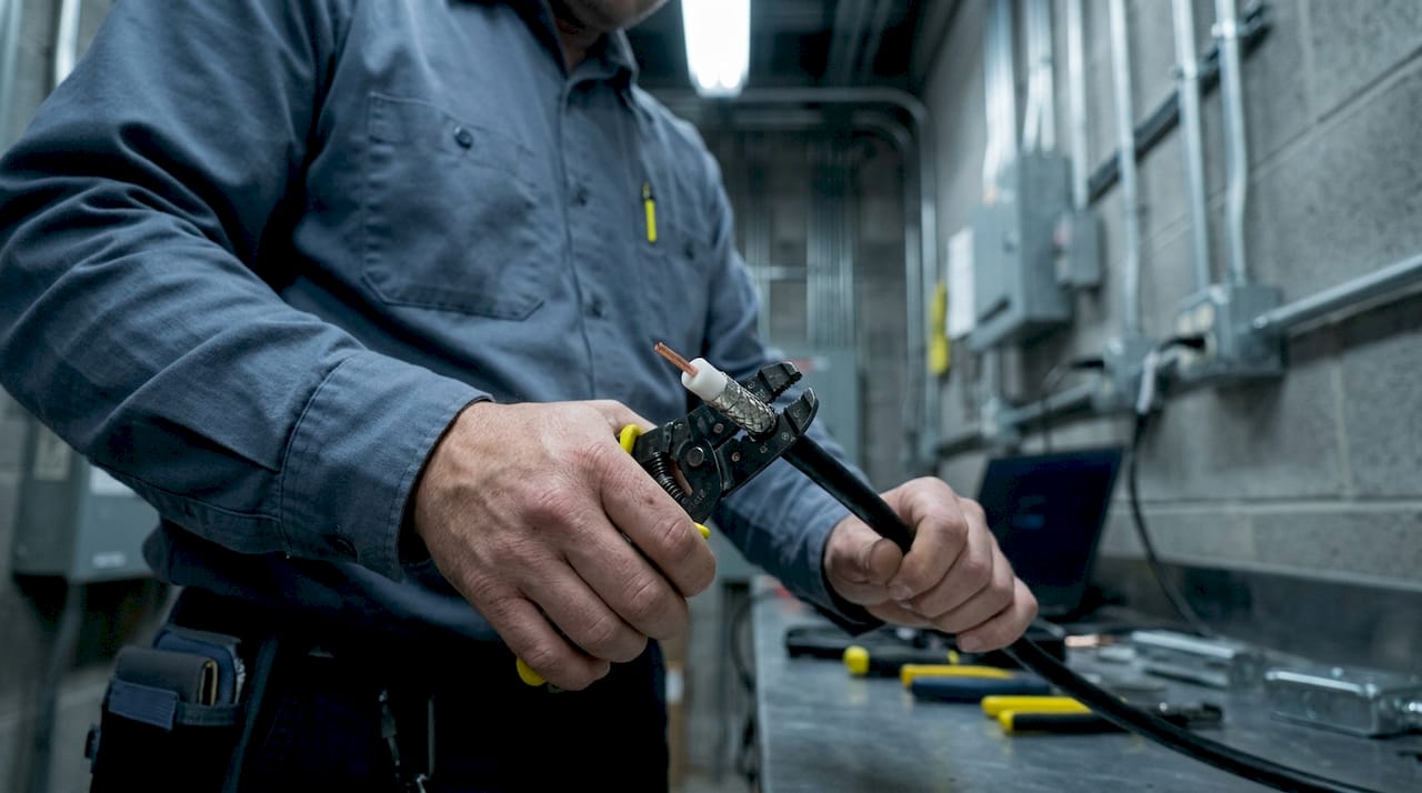 Close-up of hands preparing coaxial network cable