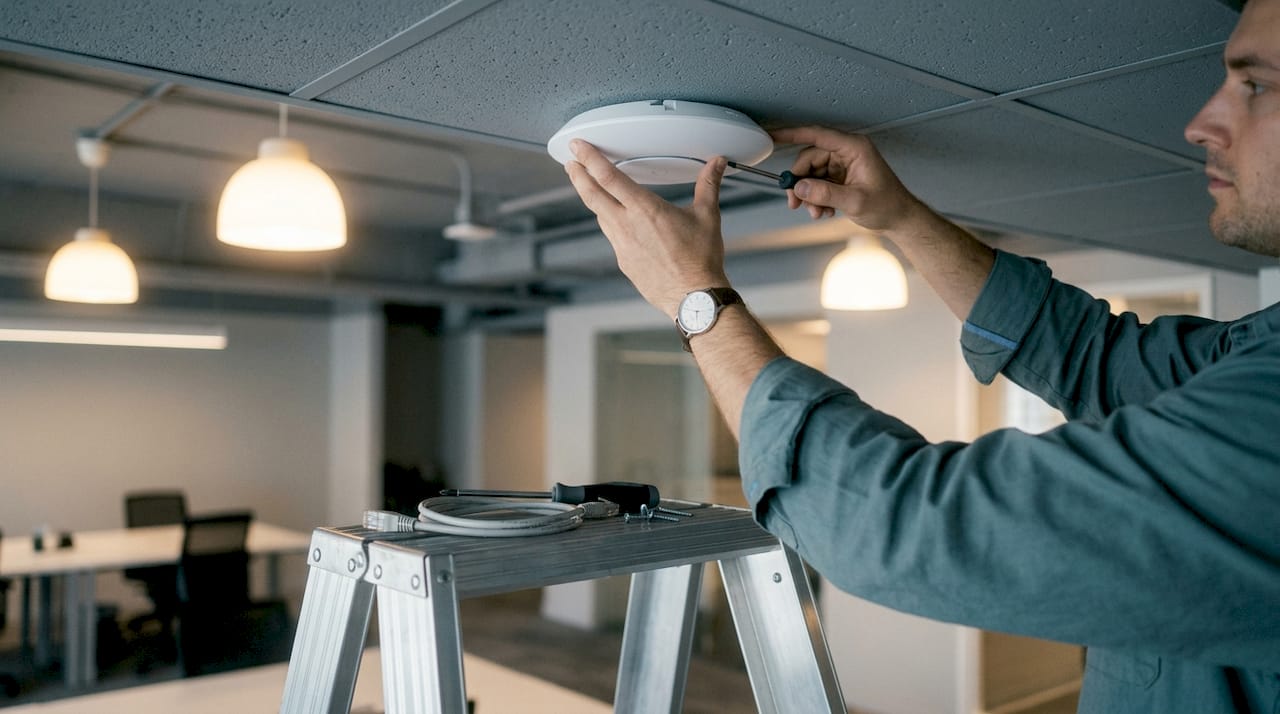 Hands installing wireless access point on ceiling