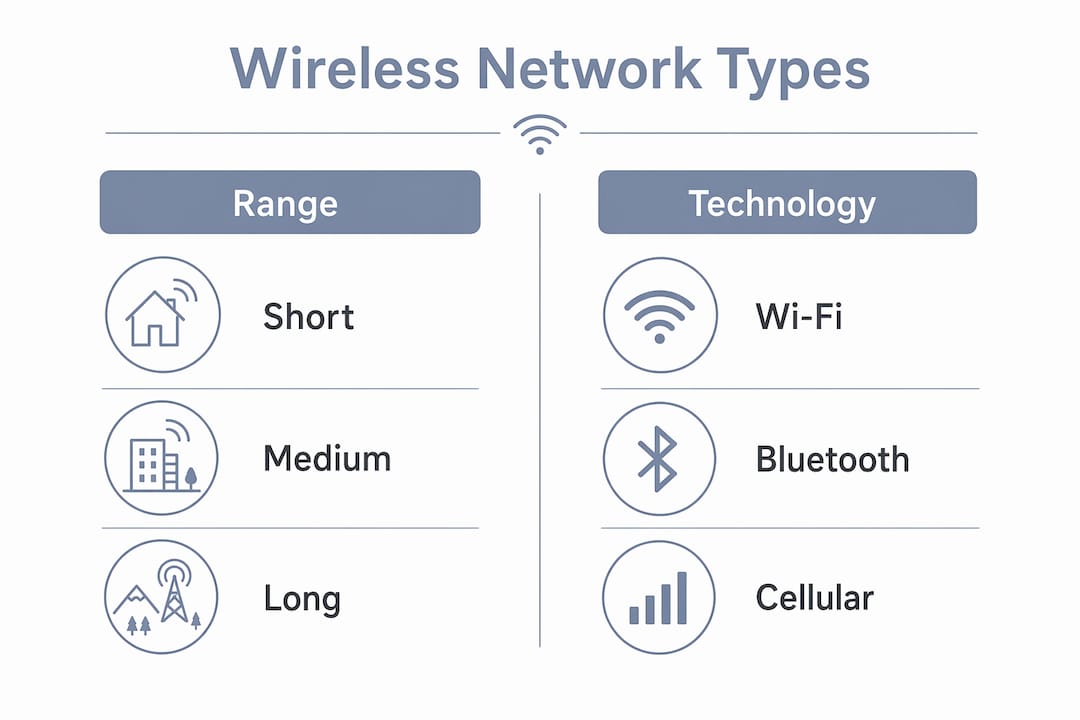 Infographic of wireless network types by range and technology