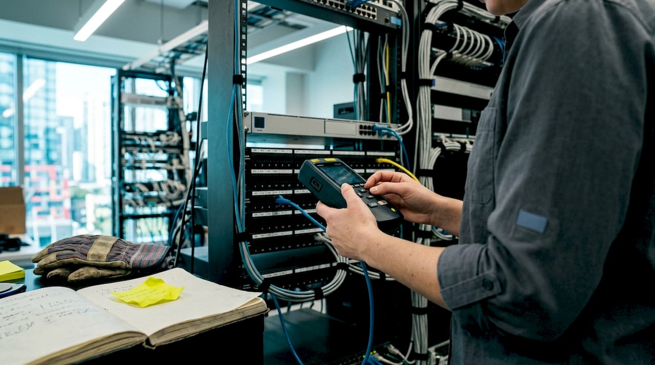 Hands testing Ethernet cable with cable tester