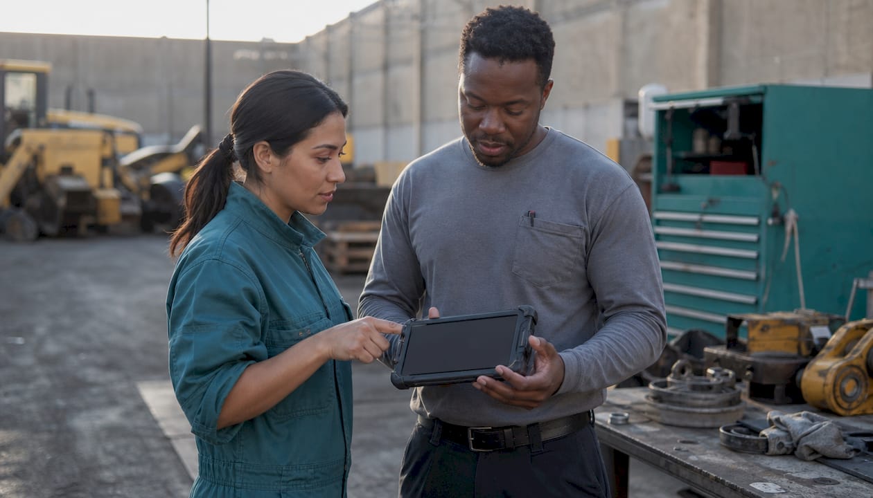 Technicians using digital maintenance tablet