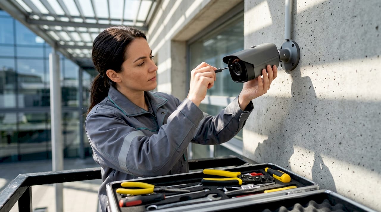 Technician installing security camera outdoors