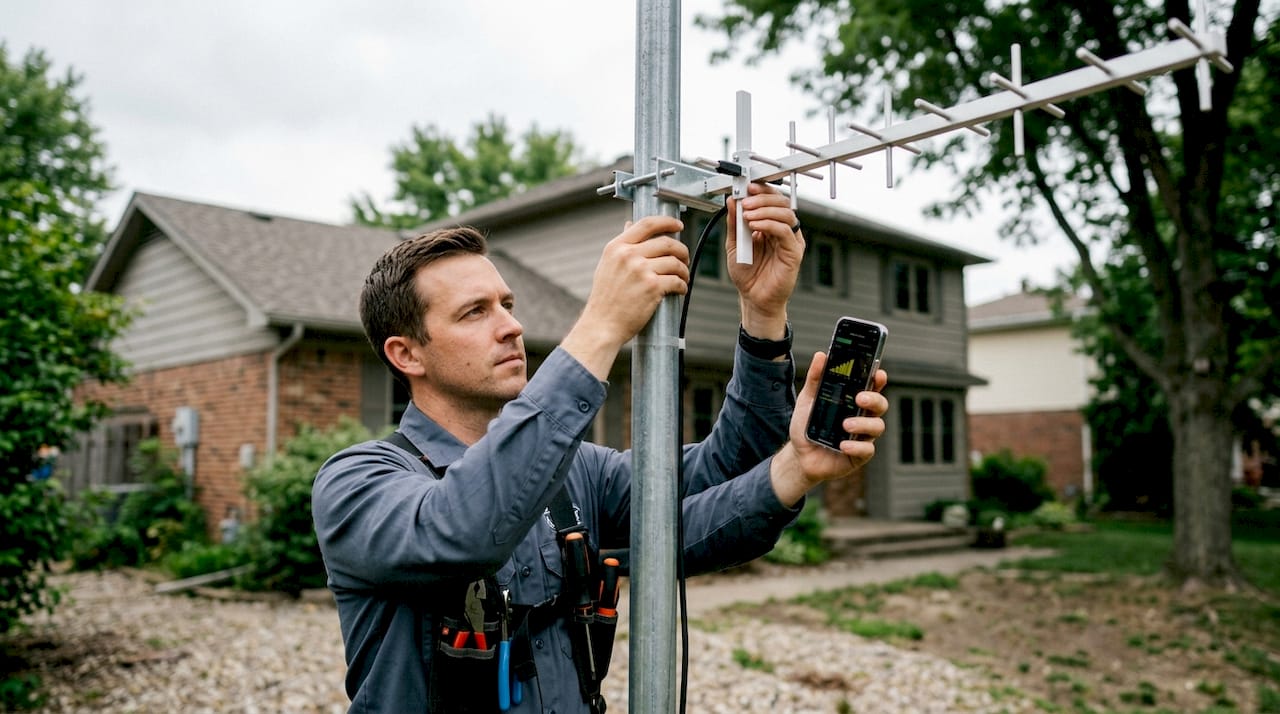 Technician fine-tuning outdoor cell booster antenna direction