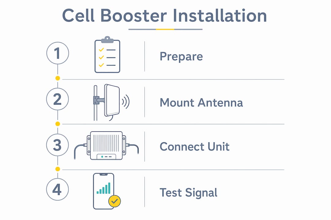 Infographic illustrating four step cell booster installation process