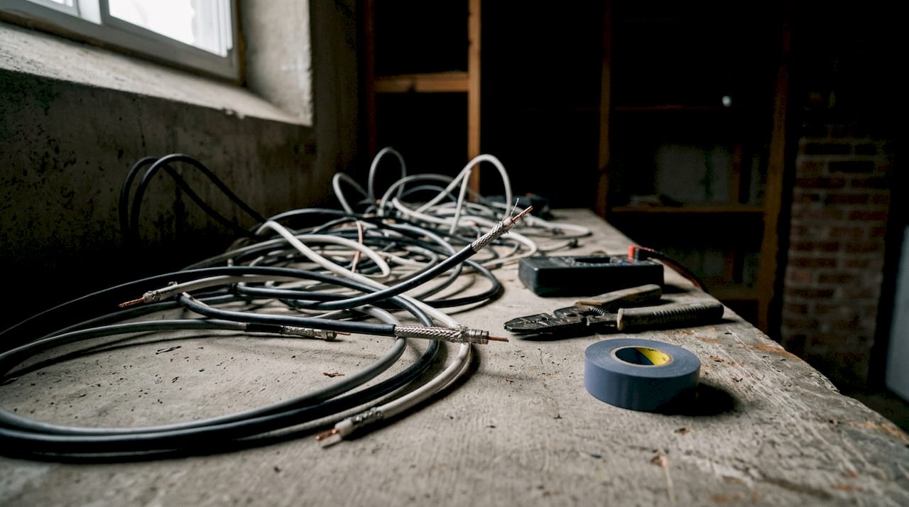 Close-up of RG59 and RG6 coaxial cables with tools