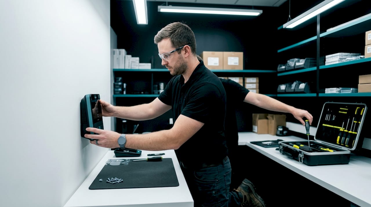 Technician installing wireless intercom device indoors