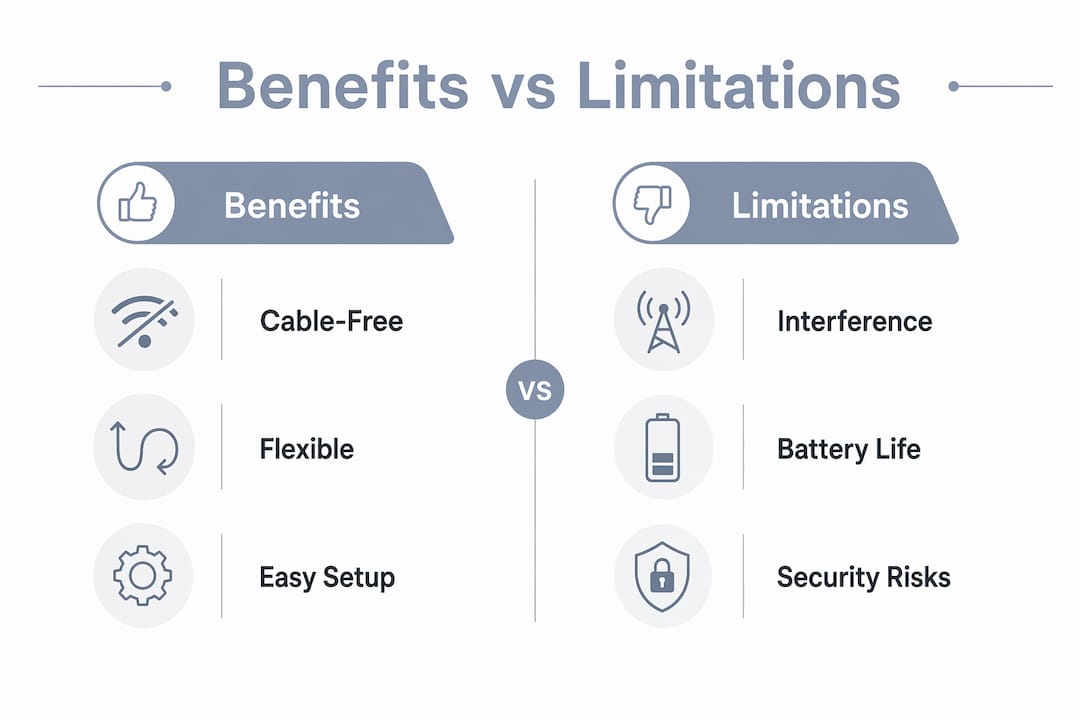 Infographic comparing benefits and limitations of wireless intercoms
